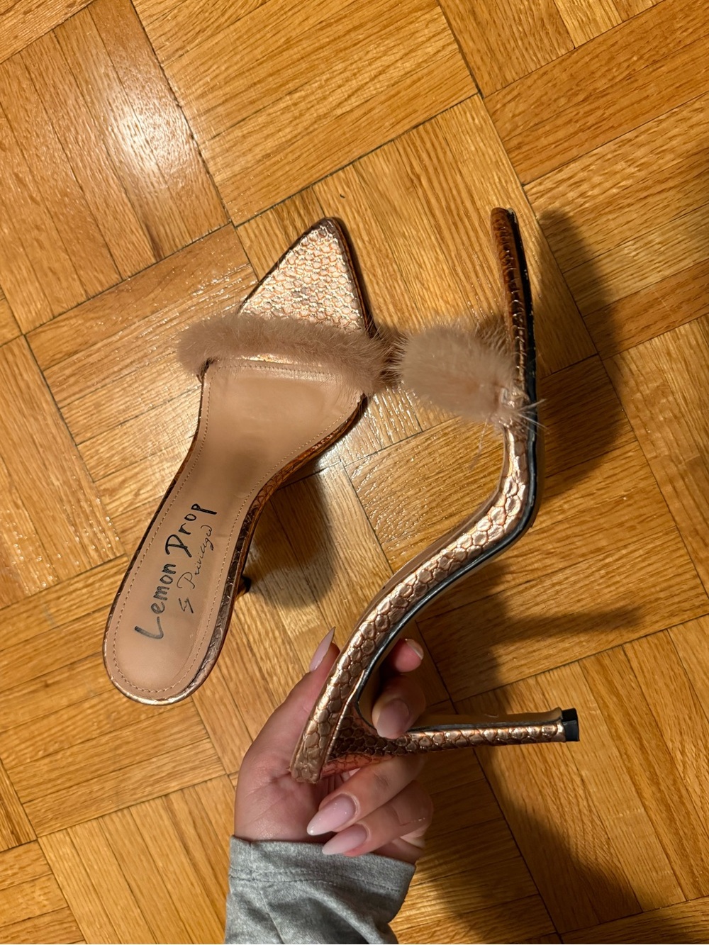 Lemon Drop by Privileged Rose Gold Fur-Trim Stiletto Mule